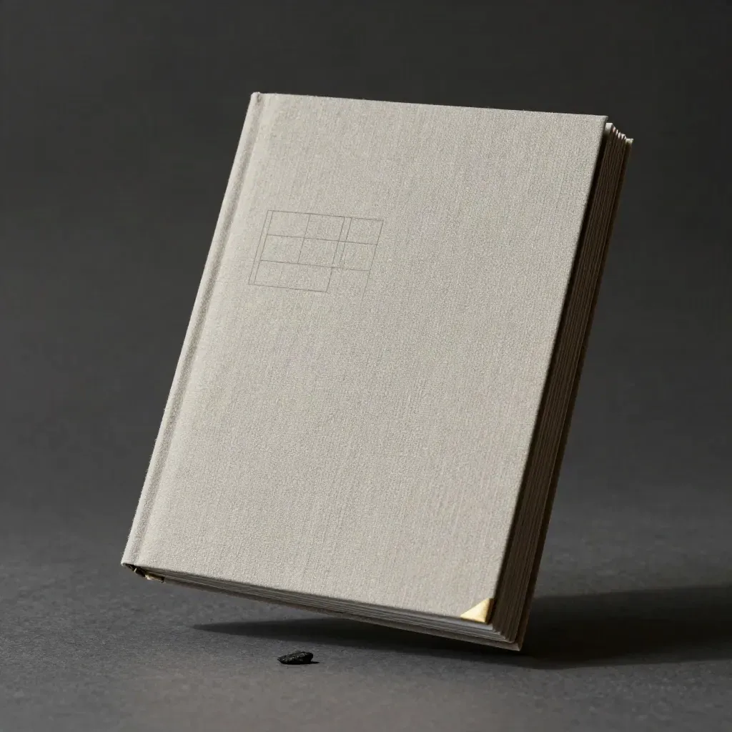 Charcoal folio with pale cards, stone chip, and brass corner piece on a narrow pedestal.