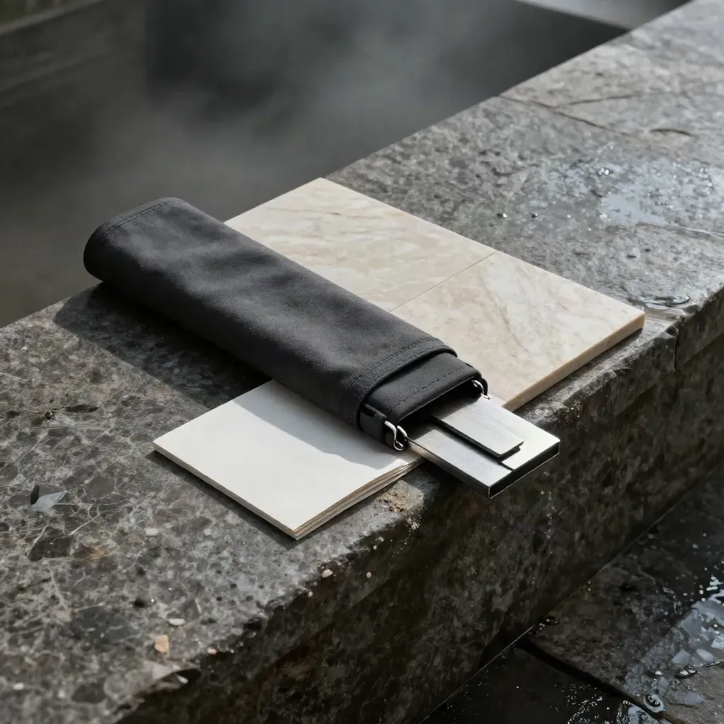 Charcoal land audit kit with limestone tile and inserts sliding across a wet stone ledge in haze.