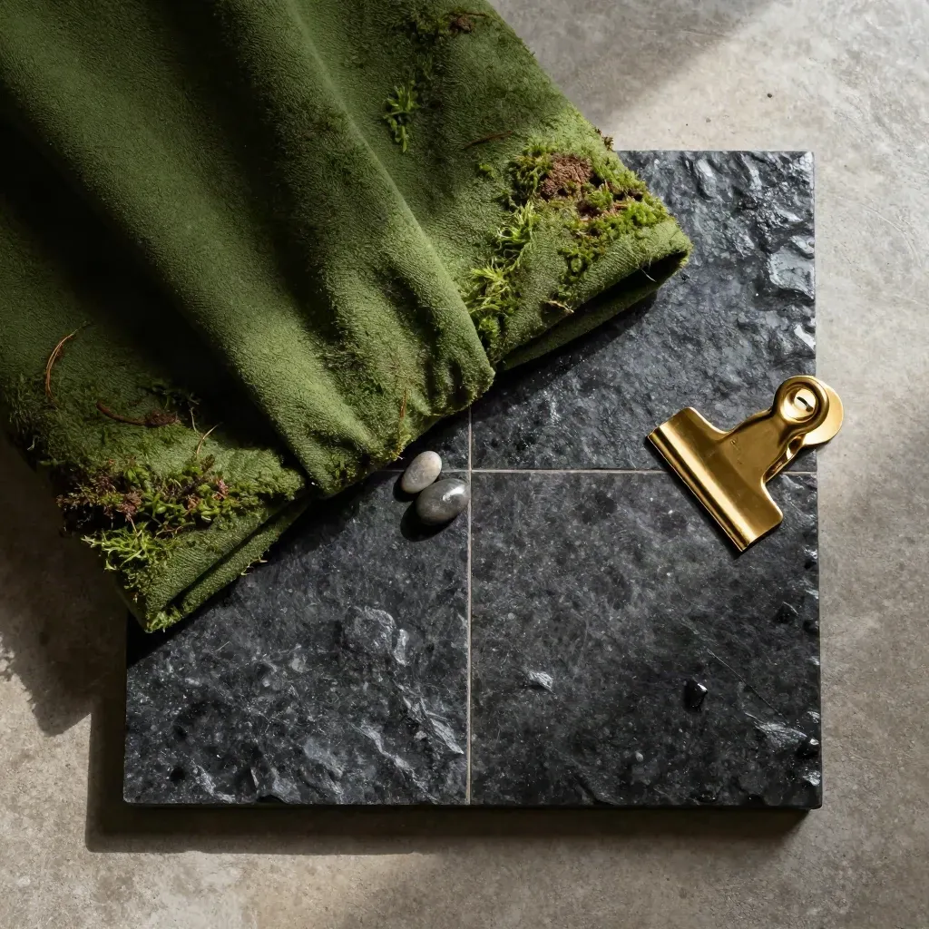 Overhead moss-green parcel bundle on wet basalt with brass clip and pebble