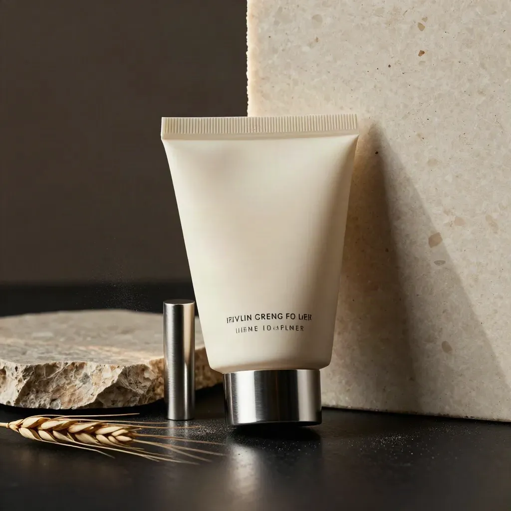 Cream lead packet sleeve, travertine slab, brushed metal and grass stem in a dark studio