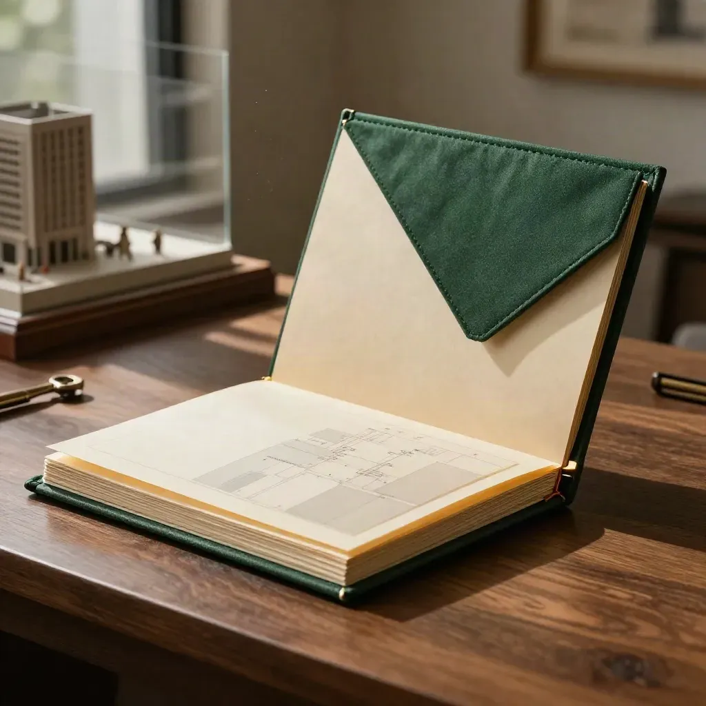 Atlanta zoning memo folio in deep forest cloth on a walnut plinth with gold accents