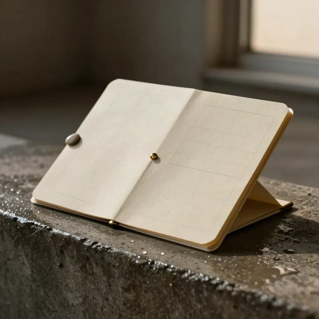 Cream parcel search folio with brass spacer sliding on wet concrete in moody studio light