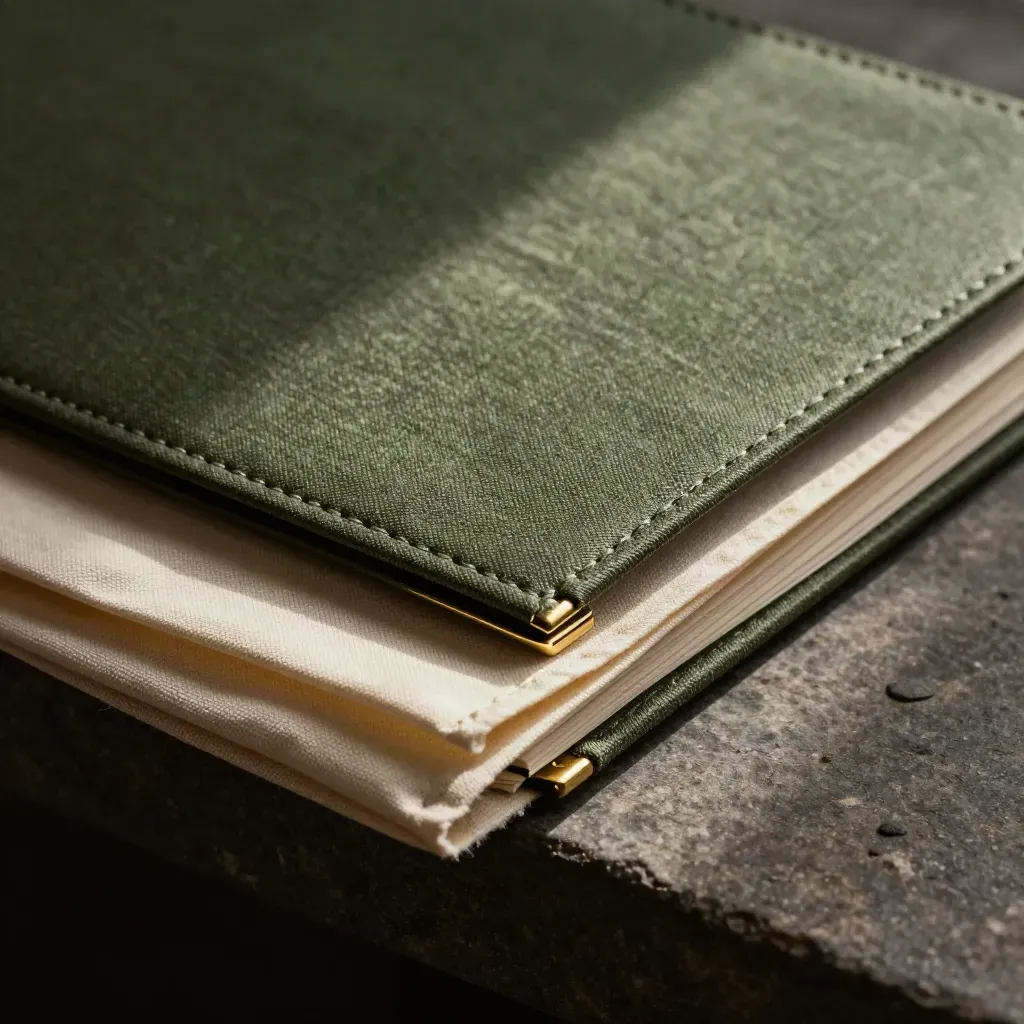 Macro of a deep green cloth zoning memo folder with brass edge and linen sleeve in warm raking light.