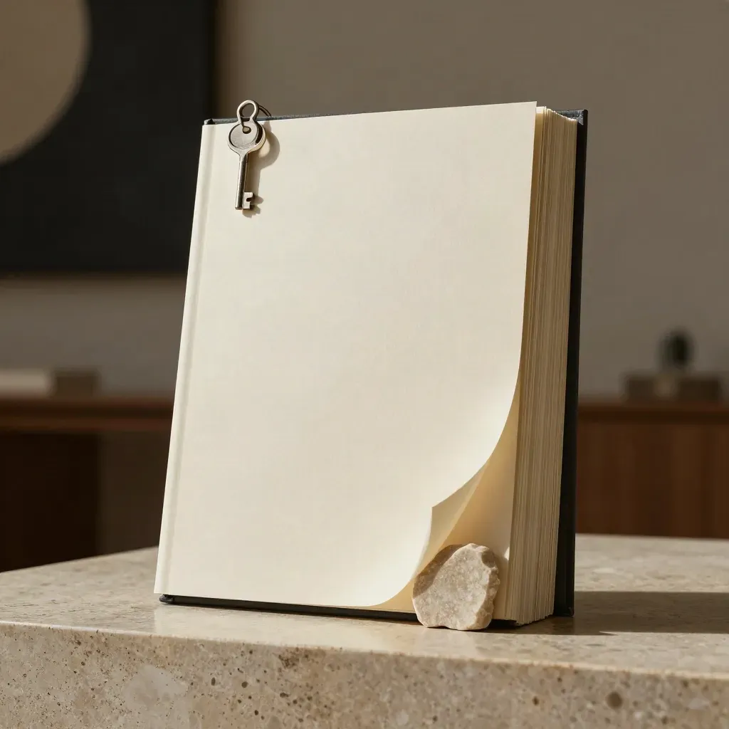 Cream feasibility dossier box with charcoal band, insert, and limestone core sample on travertine.