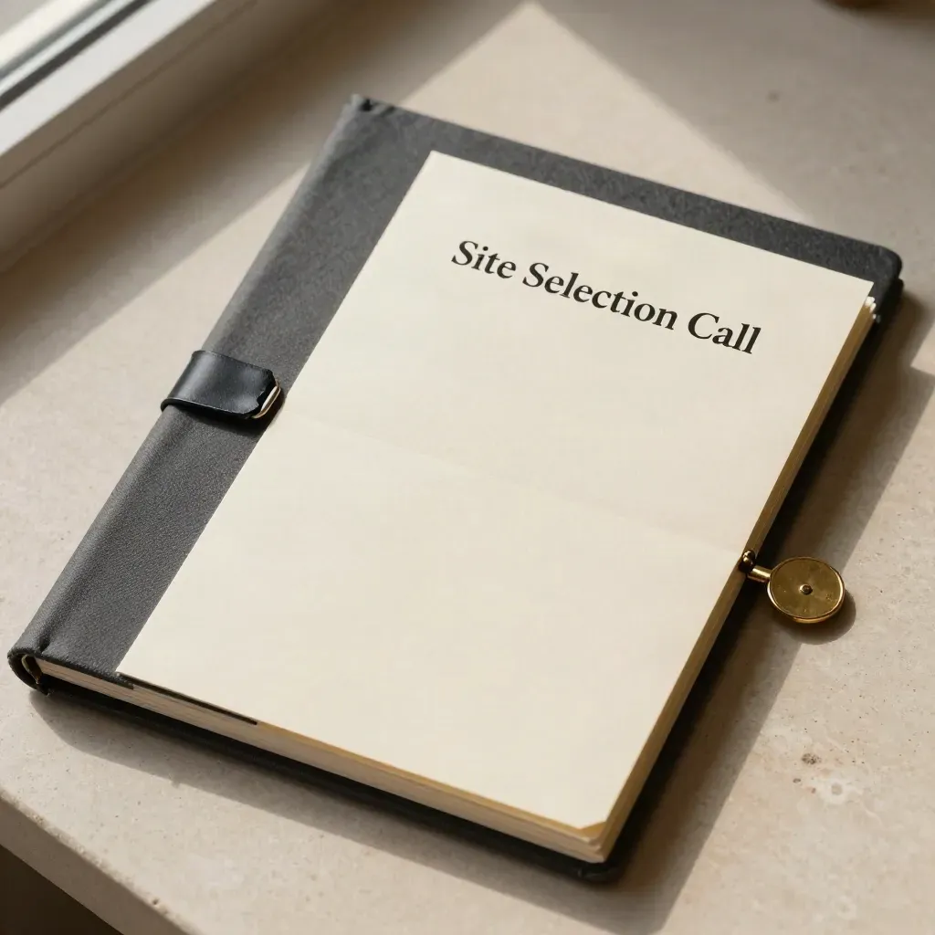 Cream briefing cards, charcoal binder, and brass token on pale stone, overhead