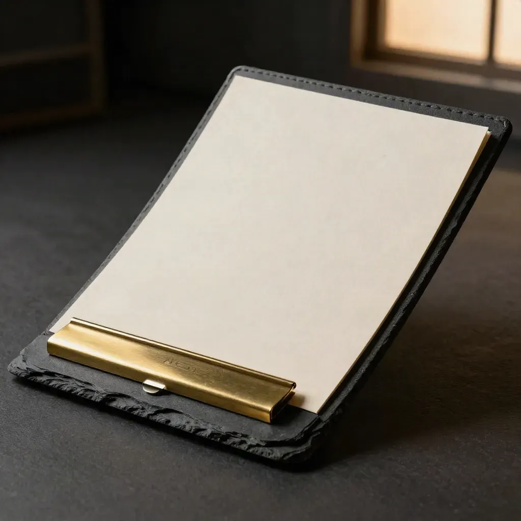 Charcoal investor deal sheet slipcase with cream sheet, stone chip and brass clip on dark slate.