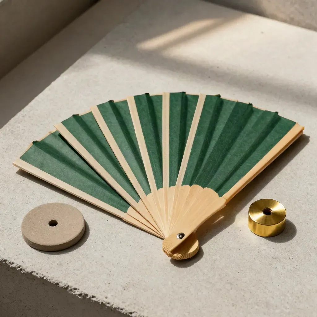 Overhead flatlay of five screening packets, a clay disc and brass spacer on pale concrete.