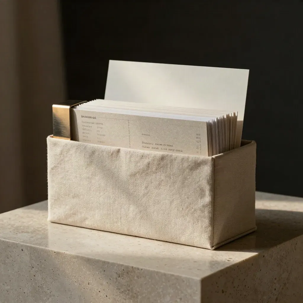 Pale linen brokerage listing pack with metal corner detail on travertine against black.