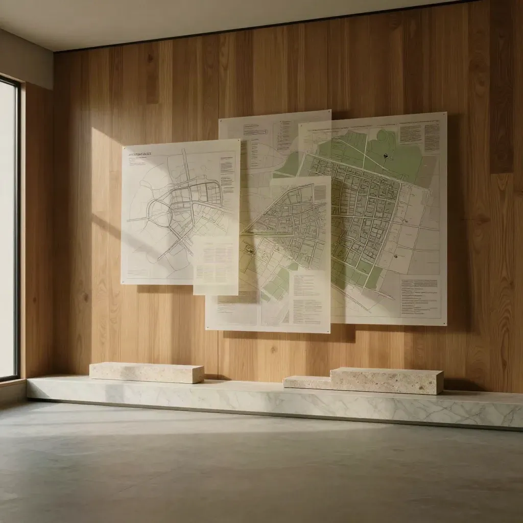 Sunlit oak and marble interior with zoning models and overlays in the upper frame.