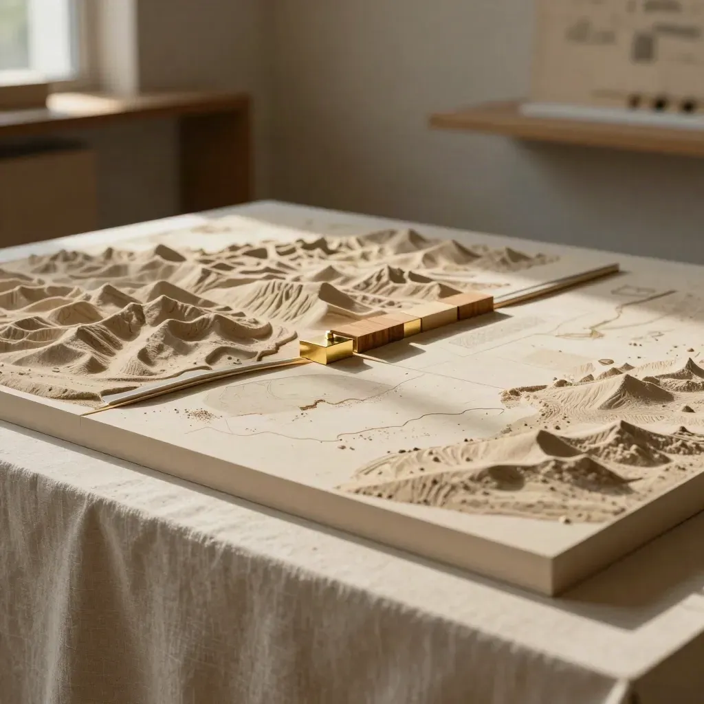 Sunlit land advisory tableau with parcel model, oak blocks and brass marker on sandstone counter.