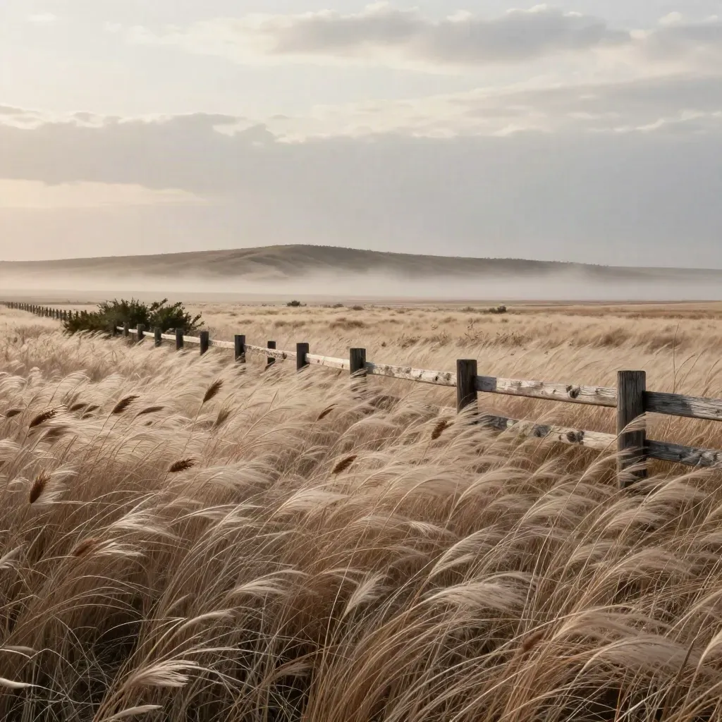 Pale prairie grass, low fence, and a distant ridge under soft hazy sky