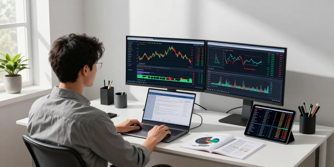 Trader using MetaTrader 5 on multiple monitors in a modern workspace.