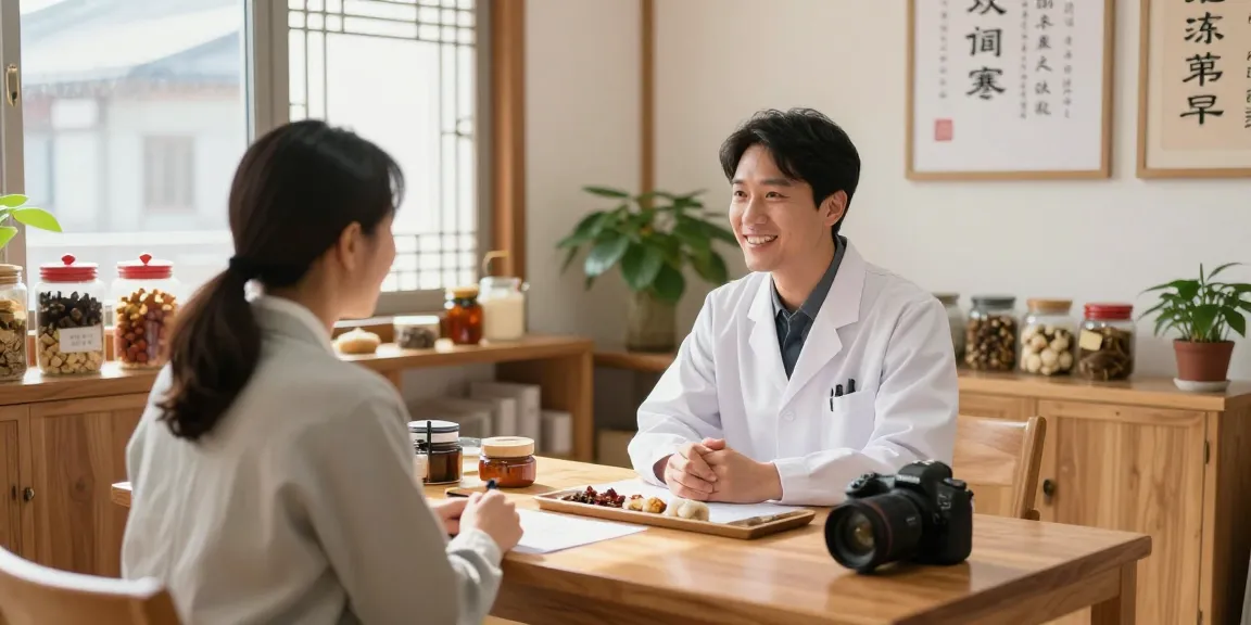 Friendly consultation at 영통한의원 showcasing traditional Korean medicine.