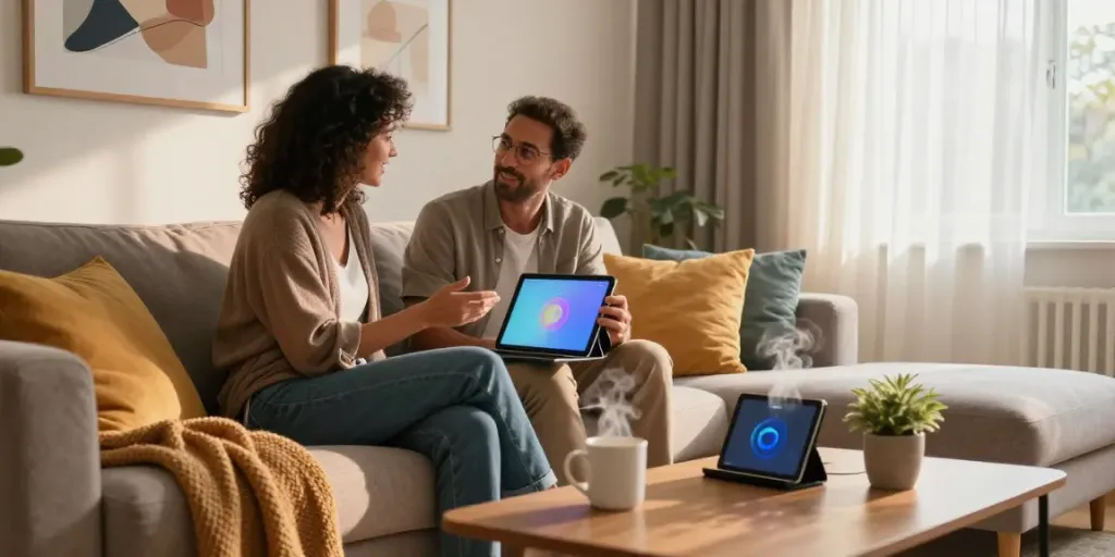 Engaging free ai sex chat scene in a cozy living room with a couple talking to their AI.