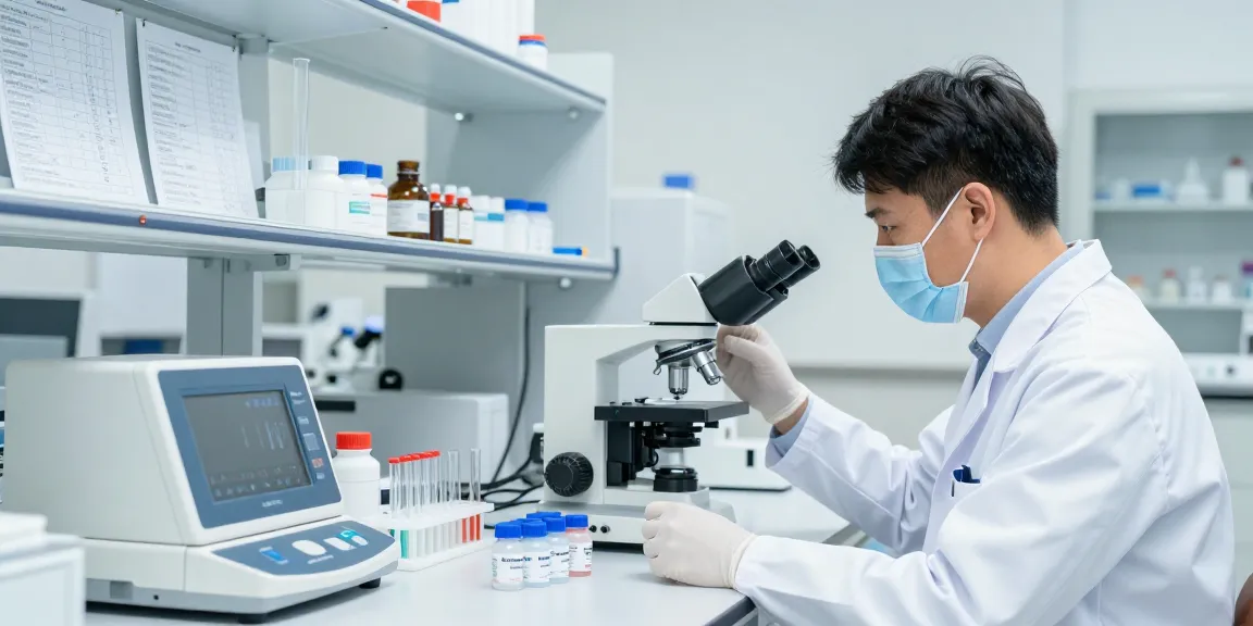 Scientist examining SwissChems Peptides in a modern lab setting with analytical equipment.