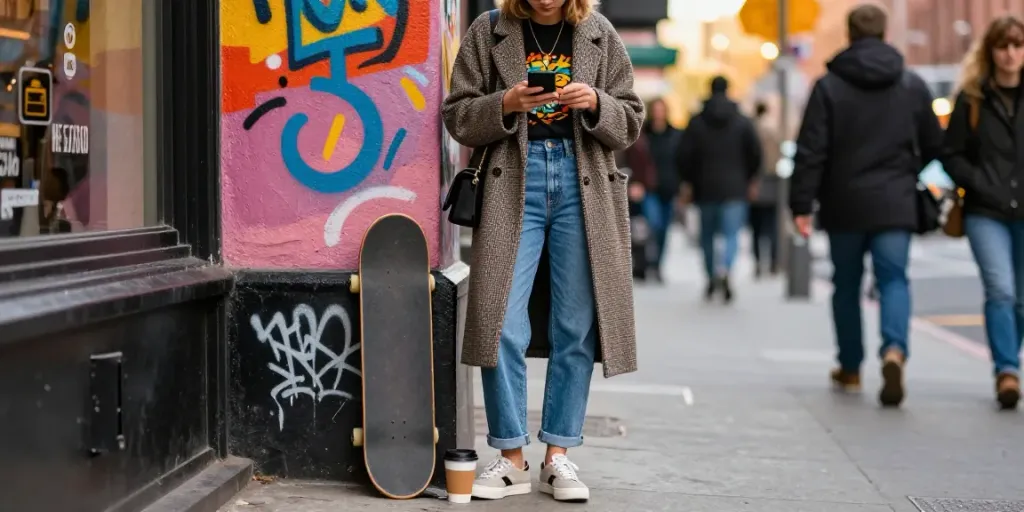 Fashionisk .com urban fashion scene showcasing a stylish individual in trendy outfit.