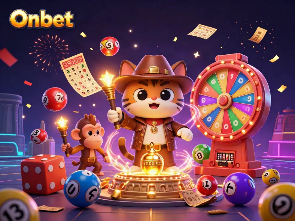 Experience the thrill of Onbet with vibrant lottery balls and a treasure-finding cat explorer in a dynamic casino scene.