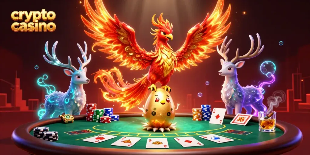 Experience the thrill of a crypto casino with vibrant characters and lively poker elements.