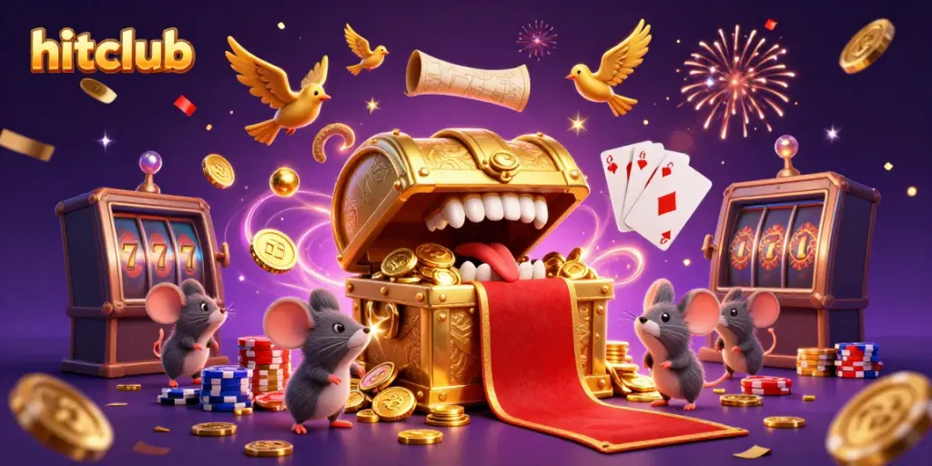 Engage in fun at hitclub with treasure chests, cards, poker chips, and dynamic casino elements.