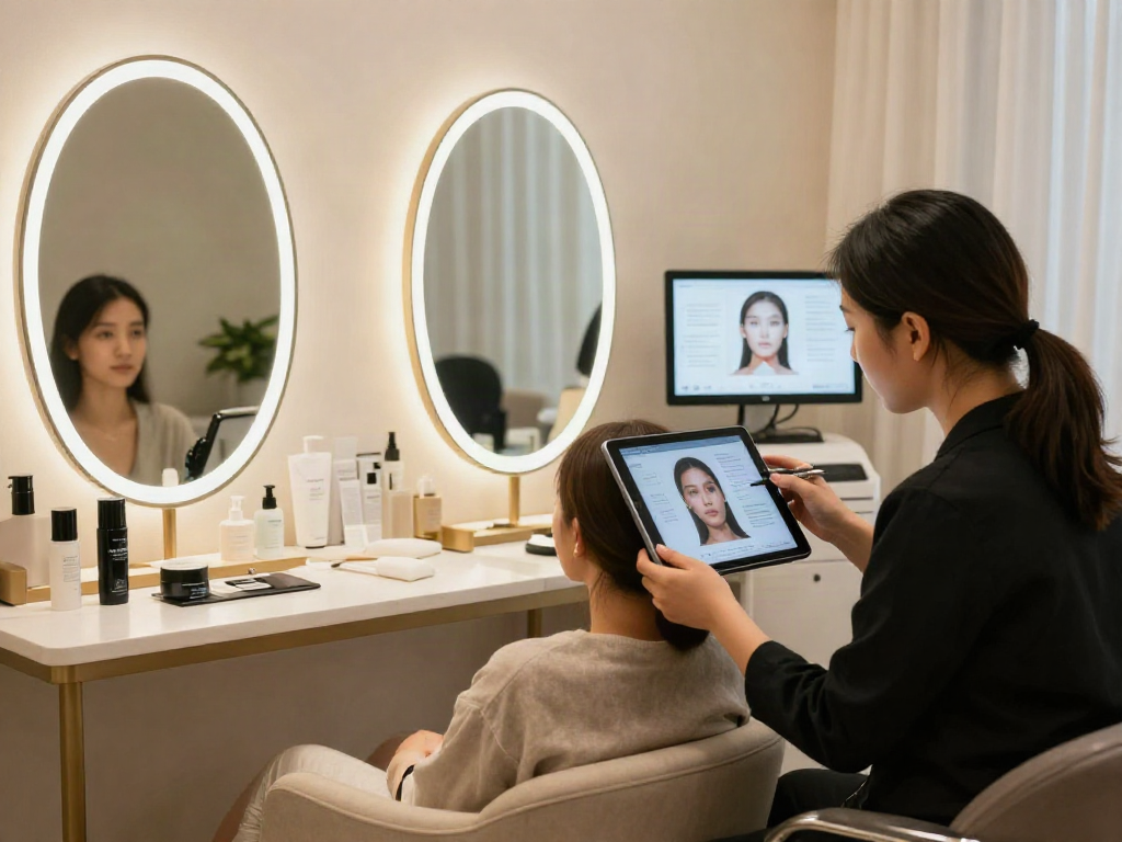 ClinicEvo is a better alternative to QOVES; a consultant provides personalized beauty analysis in a modern urban studio.