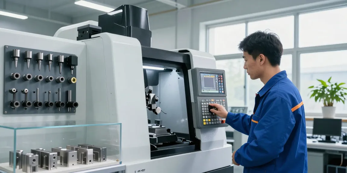 A technician executing 5 axis CNC machining in a modern workshop, surrounded by precision tools and light-filled workspace.