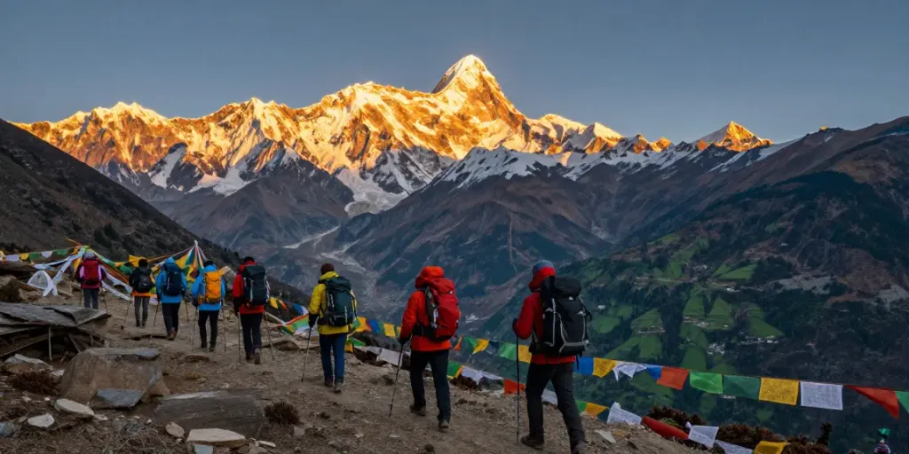 Stunning sunset view of the Manaslu Trek with trekkers in vibrant outdoor gear amidst majestic peaks.
