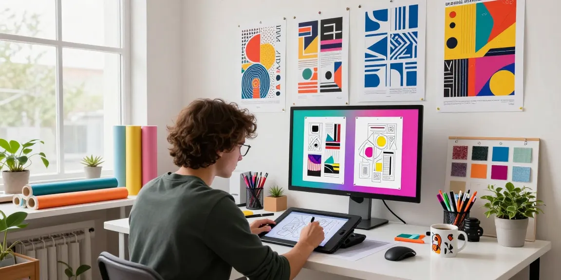 Designer at work using poster making machines in a vibrant creative studio with art supplies.