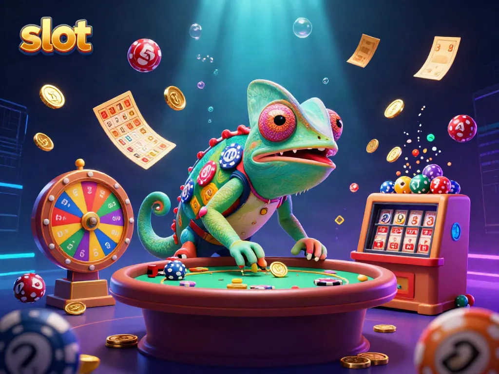Slot menarik dengan chameleon kasino menangkap koin sambil bermain di latar belakang yang bersinar.