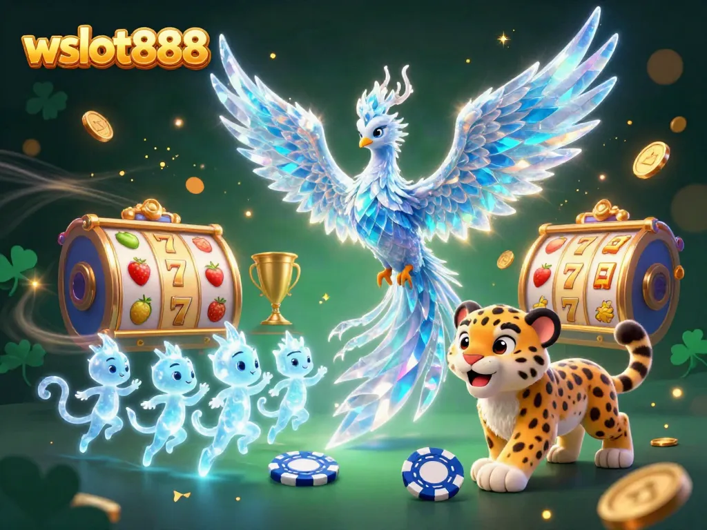 Menangkan hadiah menarik di wslot888 dengan ilustrasi kartun 3D menakjubkan menunjukkan phoenix es dan rongsokan harta karun.