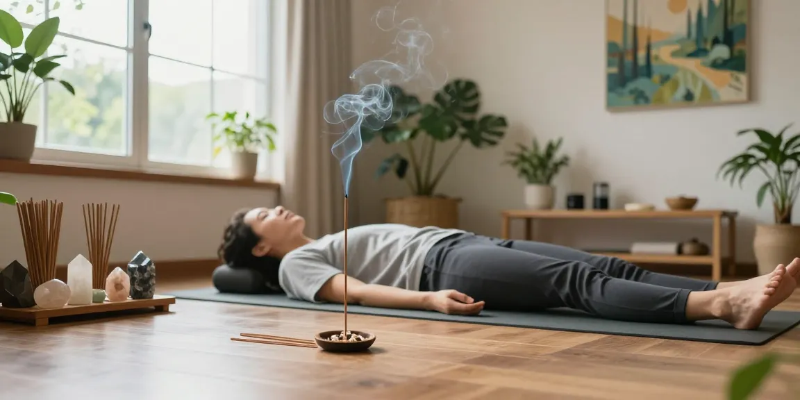 hem-incense-sticks-review featuring a person meditating with HEM incense sticks in a calming home environment