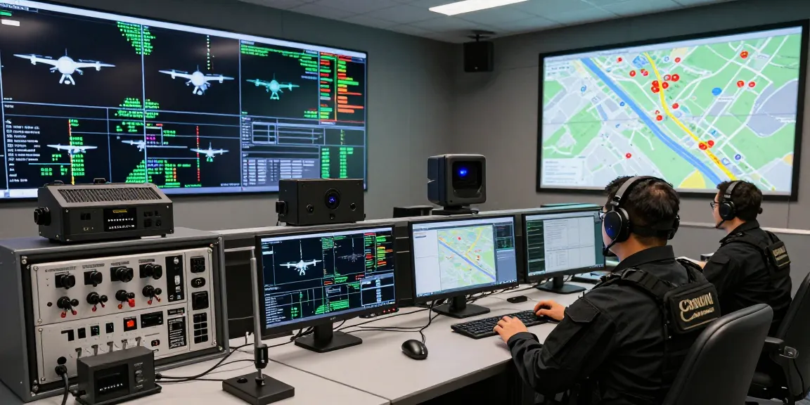 Drone jammer module display in a high-tech control room showing UAV monitoring systems.