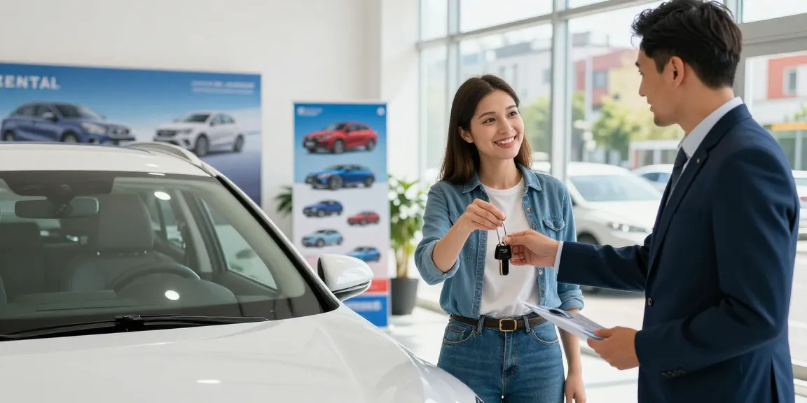 FlexRent Chirie Auto Chișinău, customer receiving keys for a rental car in a vibrant office setting, showcasing excellent service.