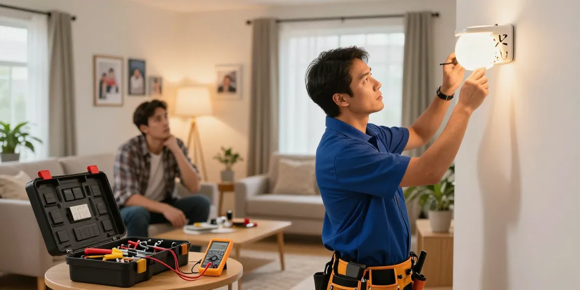 Emergency electrician near me providing immediate support in a home, inspecting a flickering light fixture with tools.