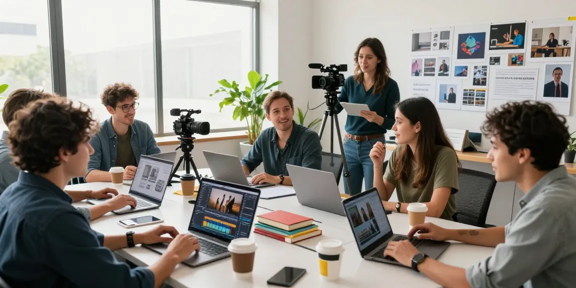 C&I Studios team collaborating on a video project with laptops and cameras, vibrant creative atmosphere.