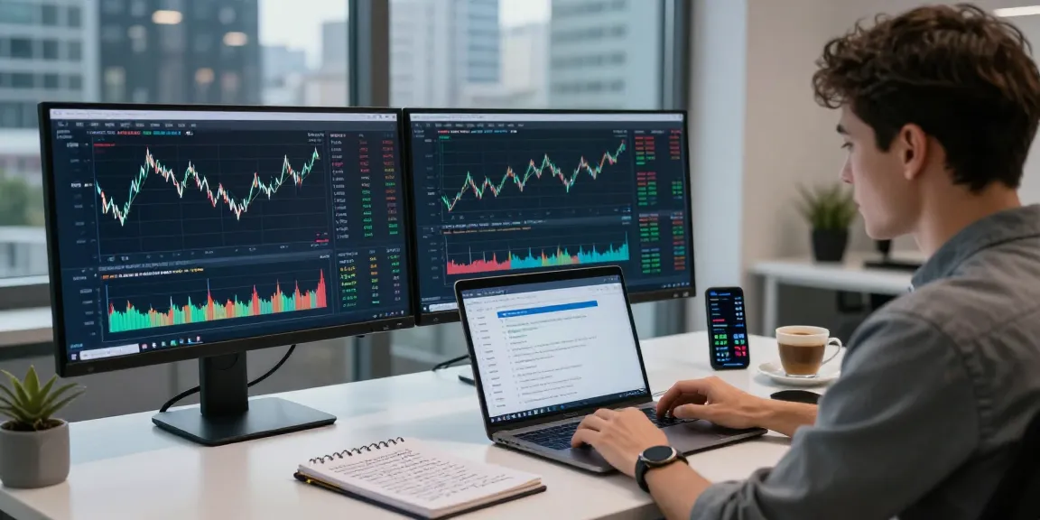 Analyze currency trends on MetaTrader 4 in a modern trading environment with dual monitors and essential tools.