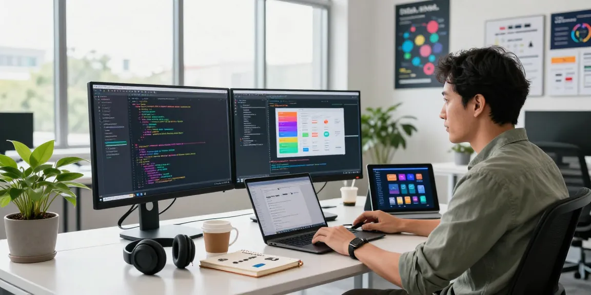 Developer engaged in coding at telegraimin.com workspace with tech tools.