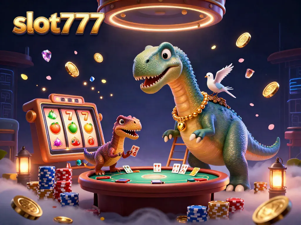 Permainan slot777 yang menarik di kasino dengan dinosaurus dan kasino yang meriah.