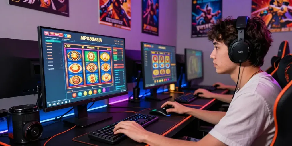 MPO88ASIA gaming experience on a computer with vibrant graphics, accessories, and cozy atmosphere.
