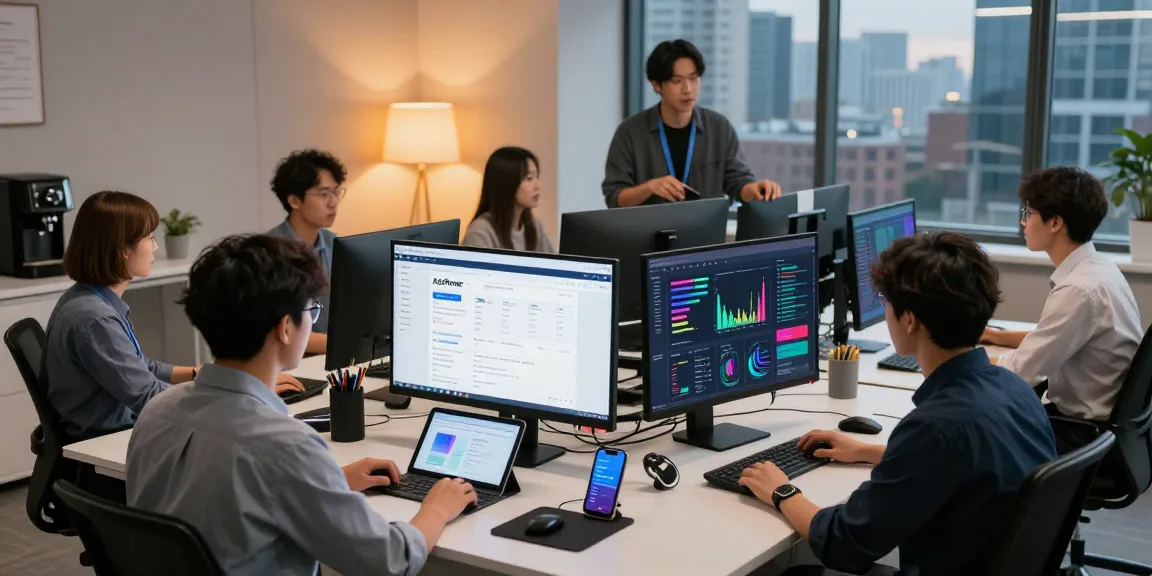 使用adspower管理多账号的现代办公室环境，团队合作，分析图表，营造出高效的工作气氛。