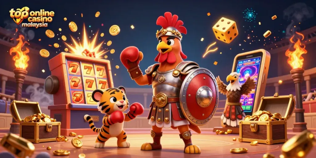 Engage with top online casino Malaysia featuring a thrilling scene filled with action, games, and symbols of luck.