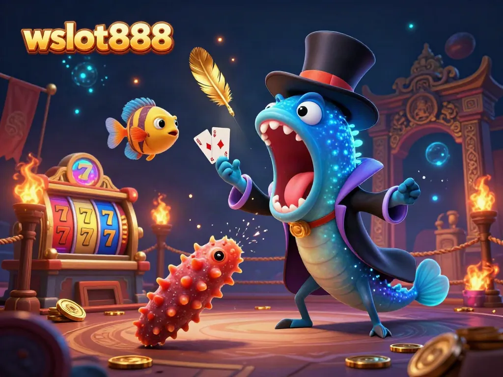 Permainan menarik di WSLOT888 ditunjukkan dengan hamparan slot bertema dan karakter ajaib yang berinteraksi.