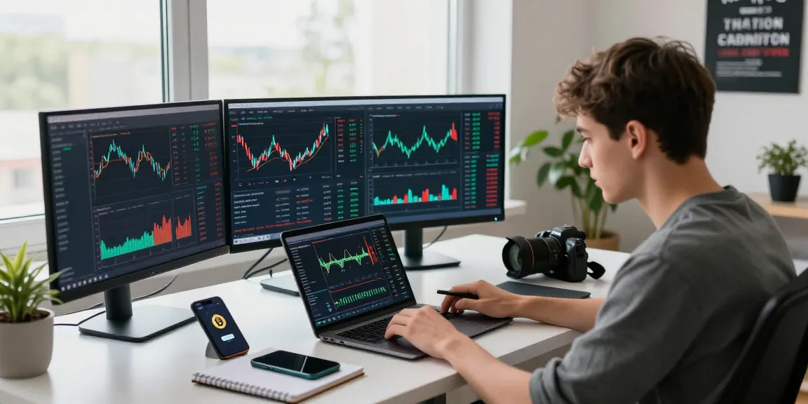 Dynamic trading environment with a young Kazakh trader analyzing cryptocurrency charts at home, reflecting trends from https://crypto-reviews.ru/okx-v-kazahstane/.