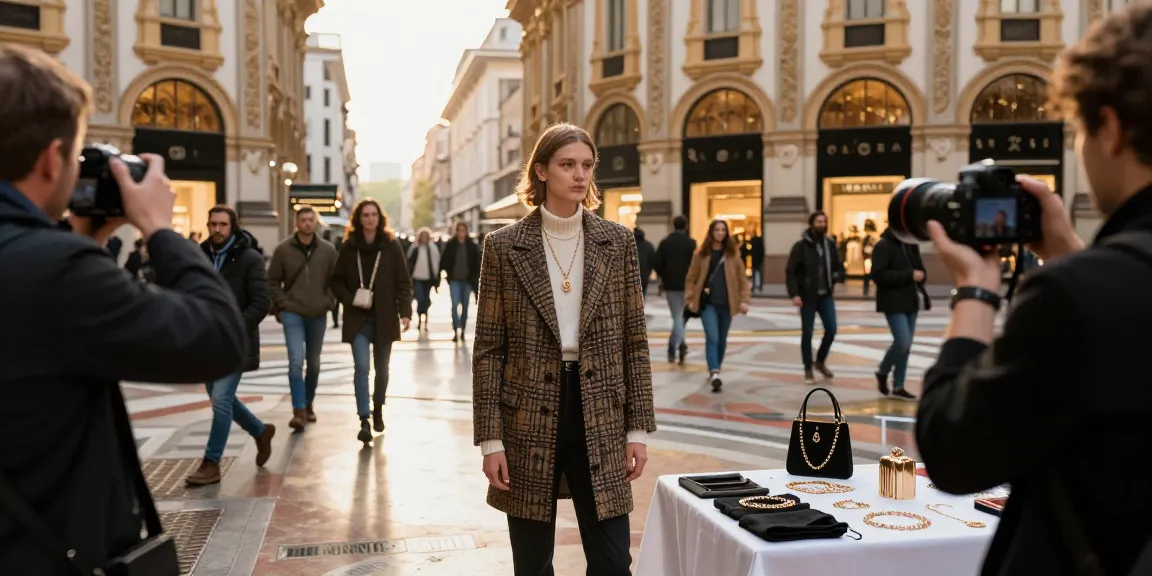 Fotografo Milano in azione, modello che indossa abbigliamento di alta moda con gioielli a Milano.