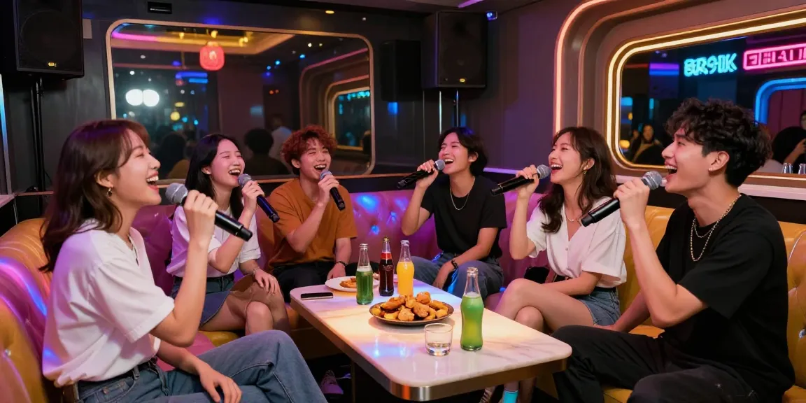Friends enjoying 강남가라오케 in a lively karaoke room with drinks and LED lights