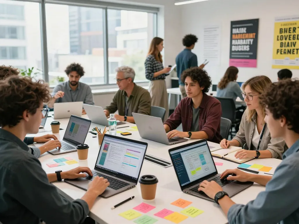 Team collaborating on digital marketing strategies with rokok88 branding in a vibrant coworking space