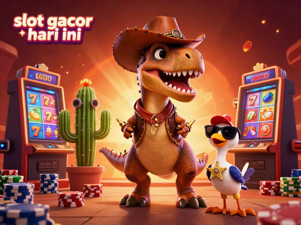 Experience the excitement of slot gacor hari ini with a lively 3D illustration depicting a dinosaur cowboy and casino elements.