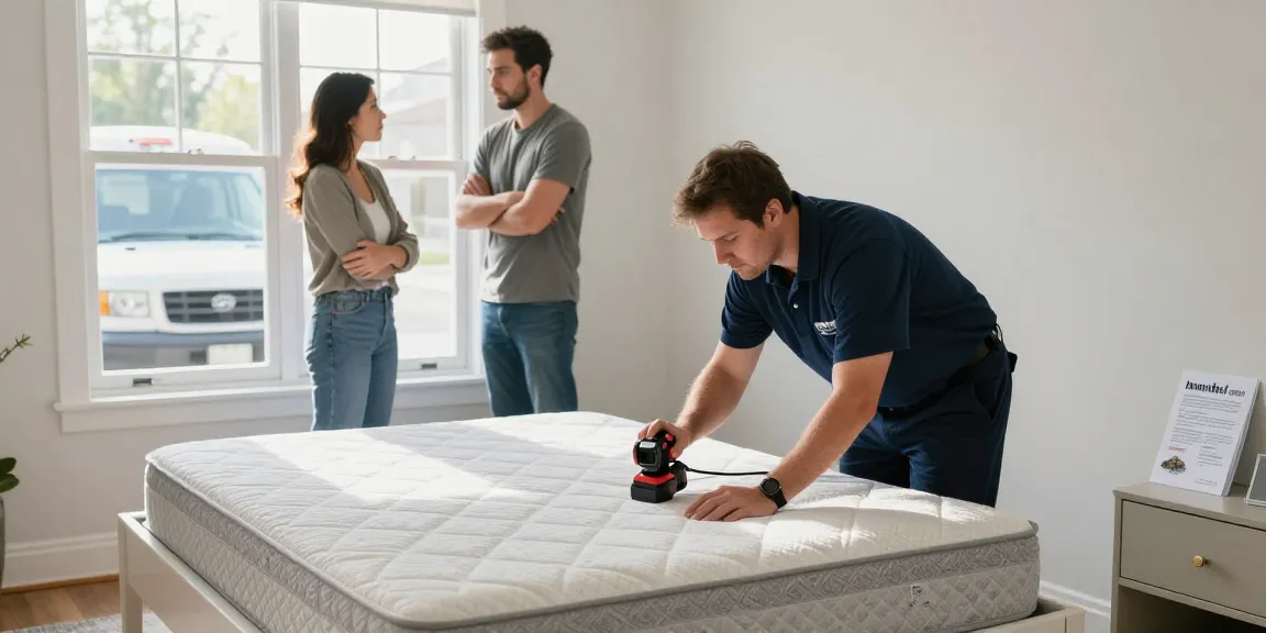 Bed bug exterminator inspecting a mattress for evidence of infestation in a bright bedroom setting.