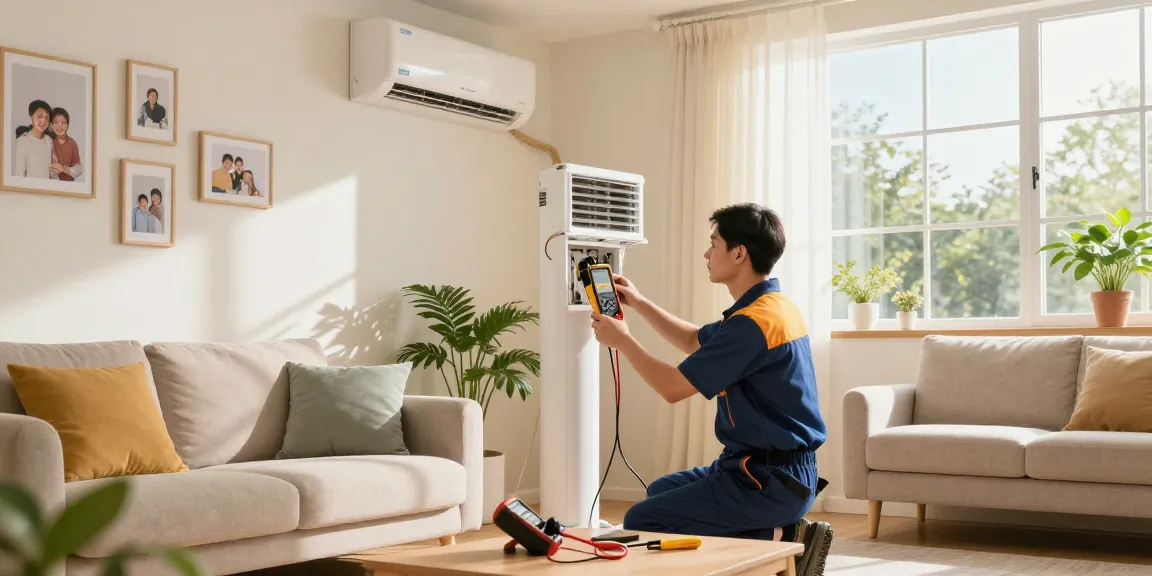 AC Service Near Me: HVAC technician maintaining air conditioning unit in a cozy living room.
