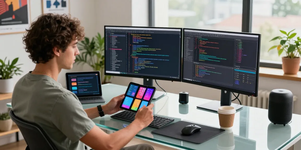 Engaging workspace showcasing a tech enthusiast using a tri-fold phone among modern tech gadgets and vibrant decor.