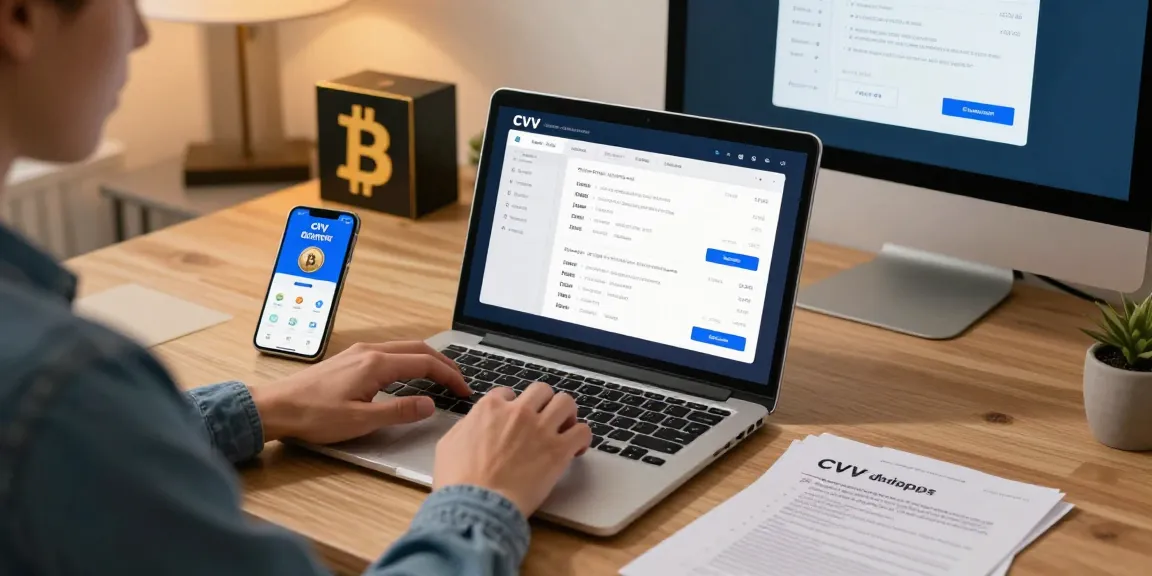 Engaging scene in a CVV shop highlighting secure online payments and cryptocurrency use.